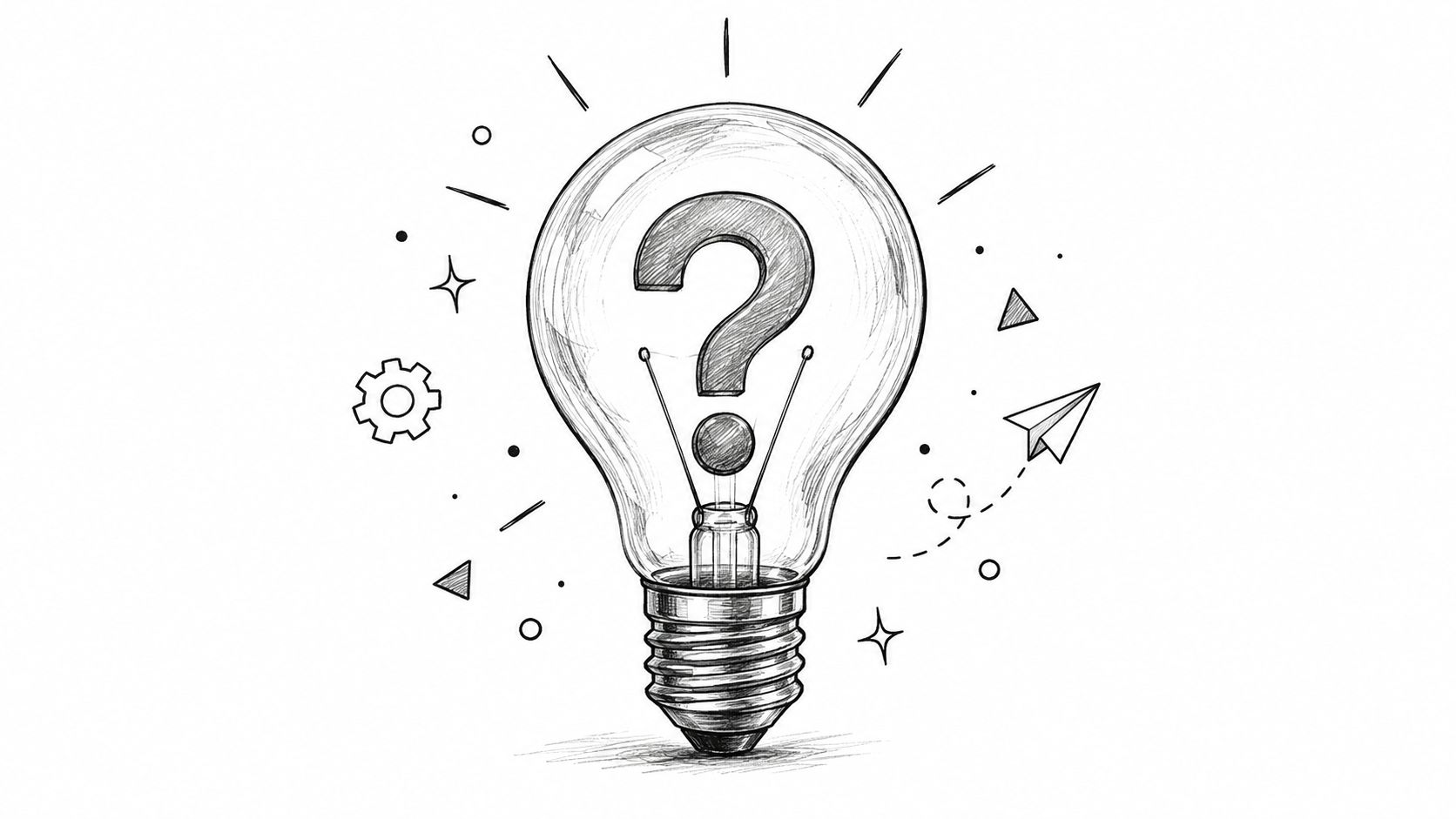 A hand-drawn sketch of a lightbulb with a question mark inside, representing creative ideas or problem solving.