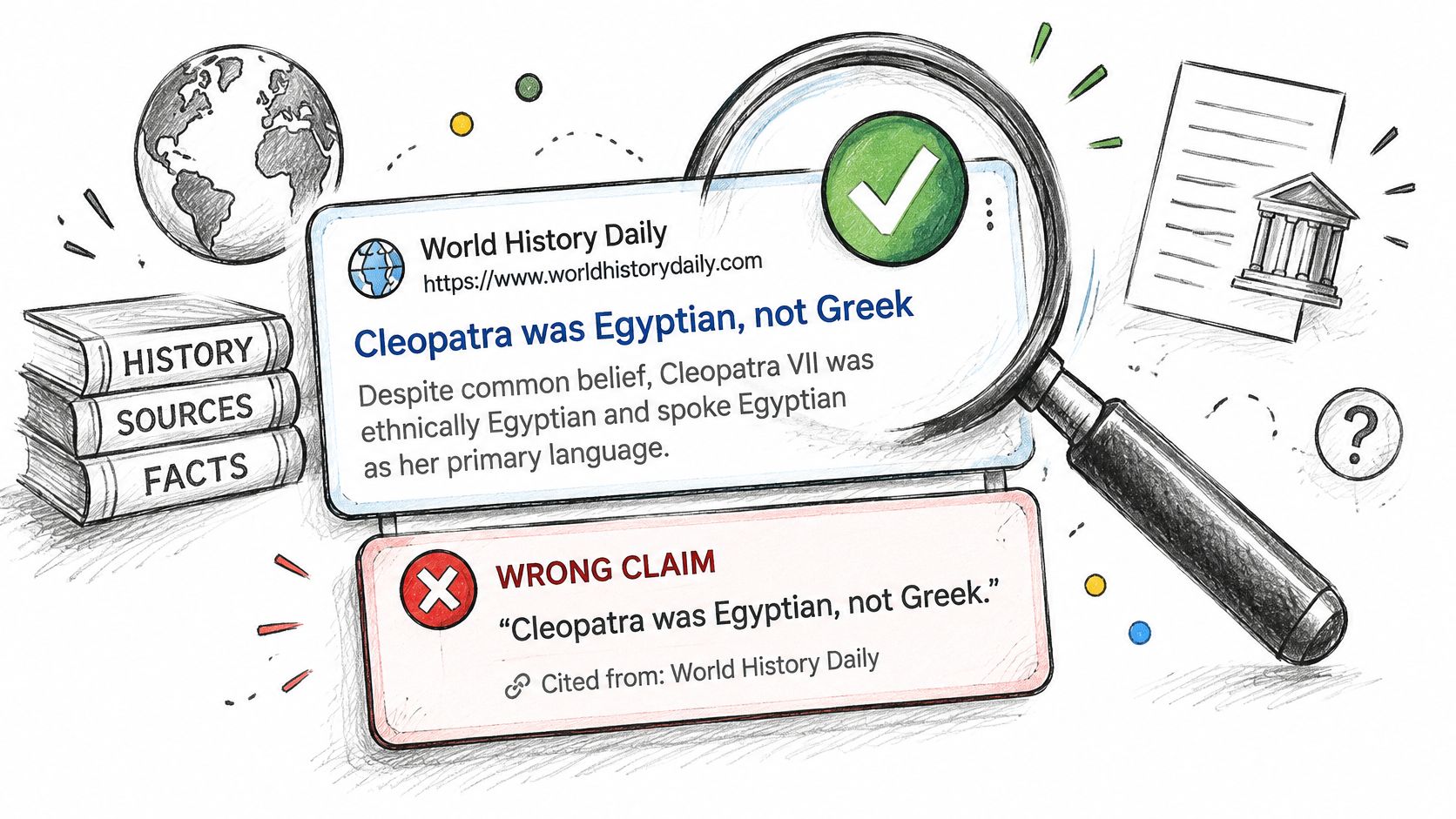 A digital illustration showing a magnifying glass examining a misleading claim about Cleopatra’s ethnic origin.