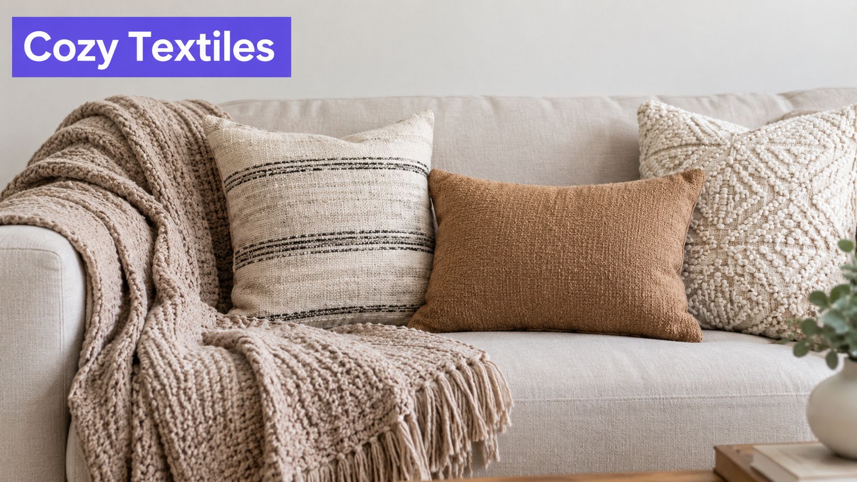 A cozy beige couch decorated with a textured throw blanket and a variety of decorative accent pillows.