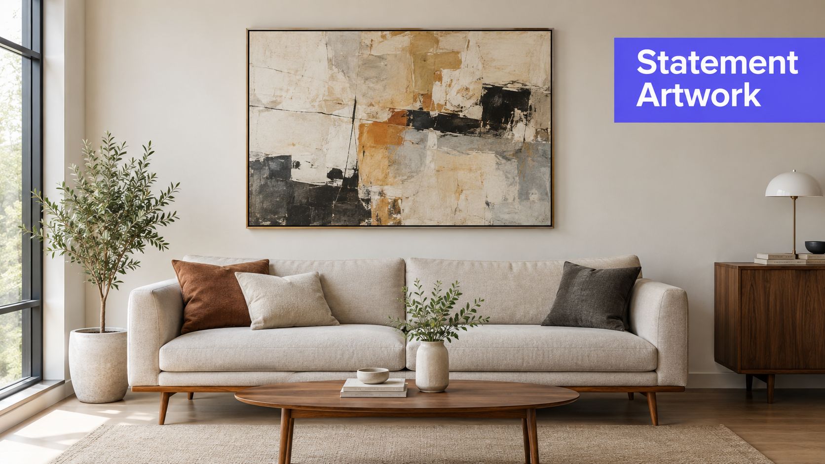A modern beige sofa placed under a large abstract painting, styled with textured pillows in a bright living room.