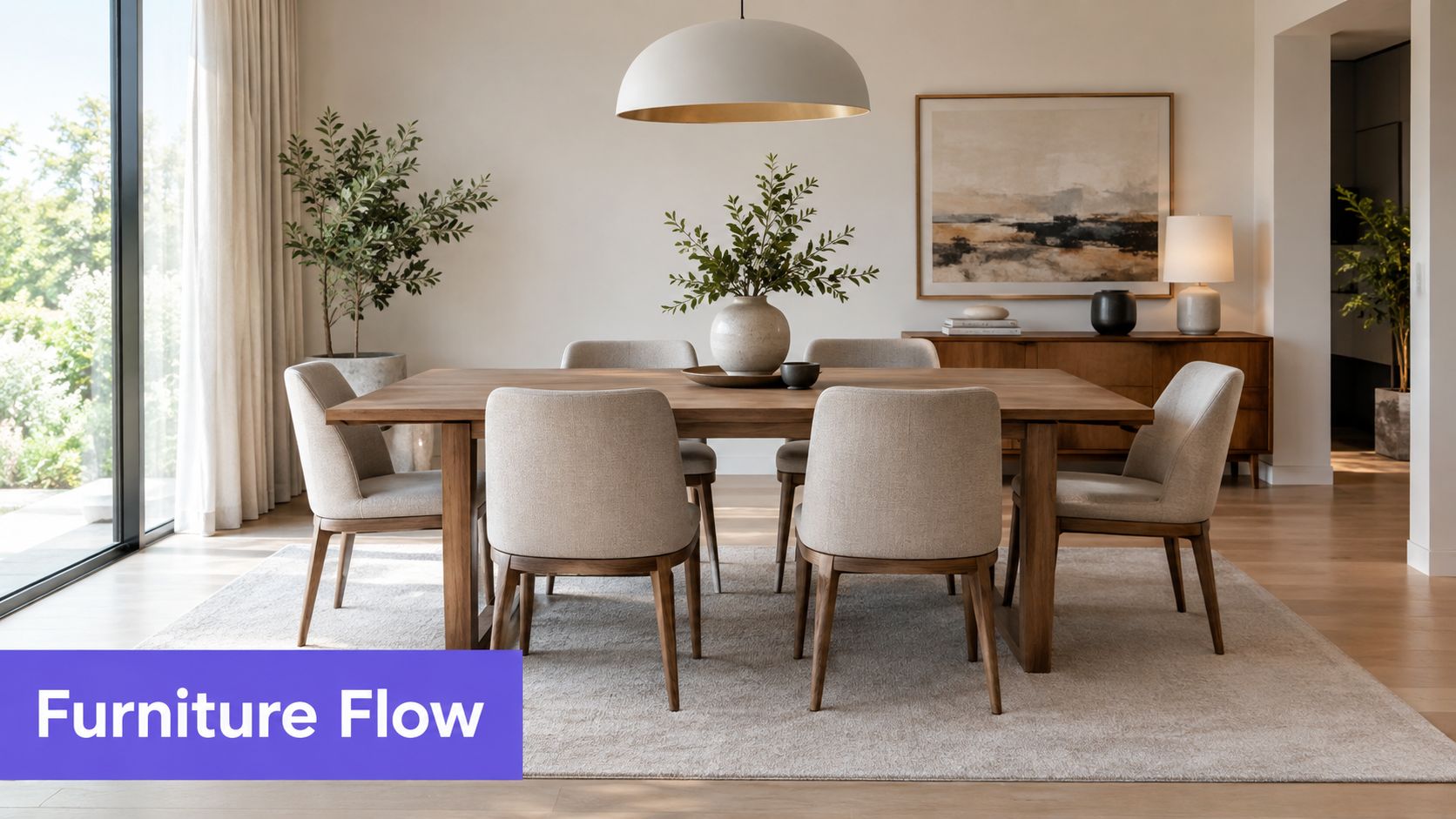 A modern, minimalist dining room featuring a wooden table, fabric chairs, and neutral decor accents.