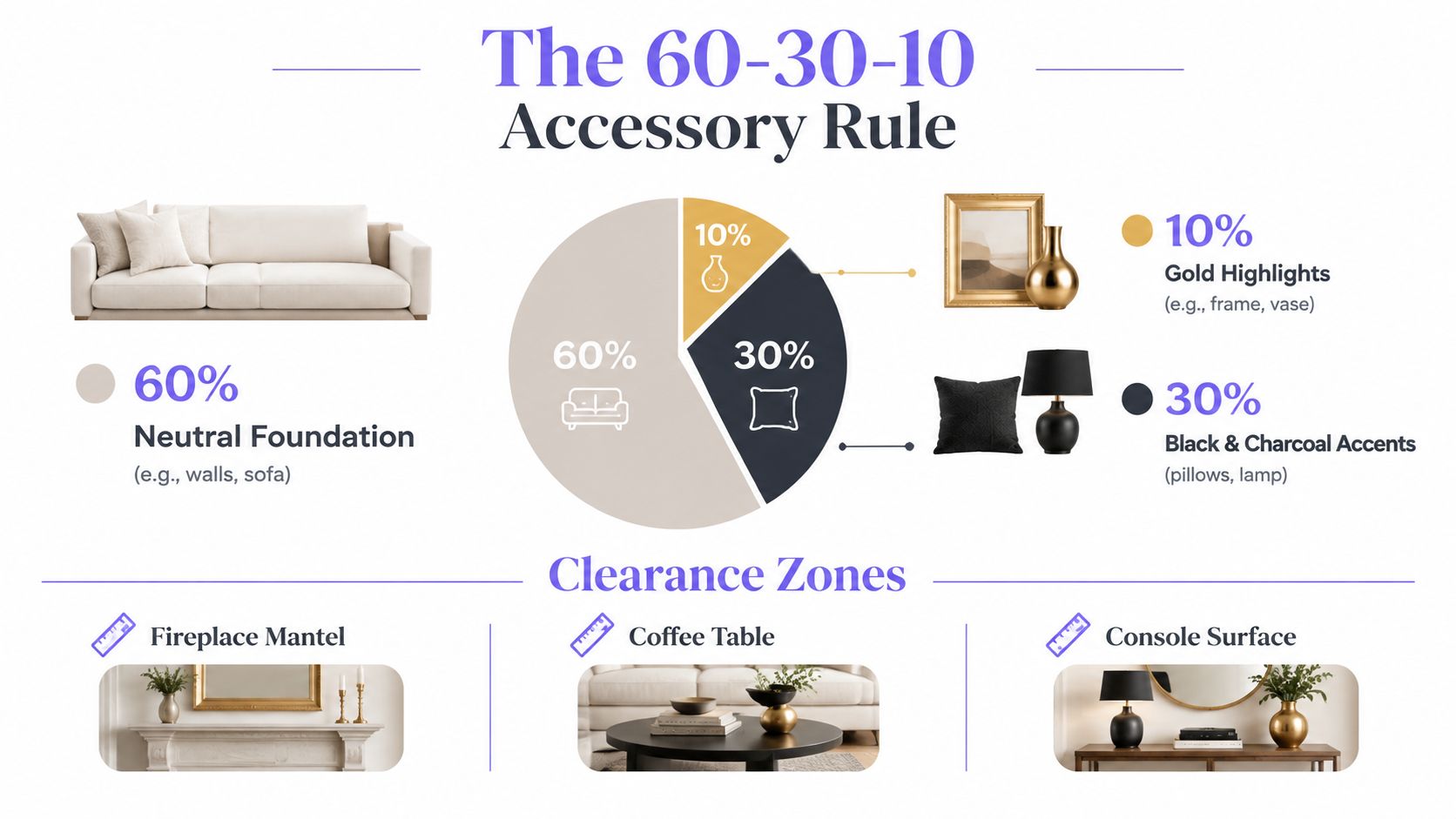 A design graphic explaining the 60-30-10 interior styling rule using neutral furniture, black accents, and gold decor.