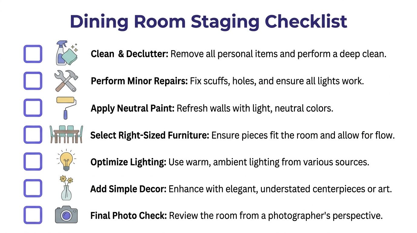 A checklist for staging a dining room featuring icons and actionable tips for home presentation.