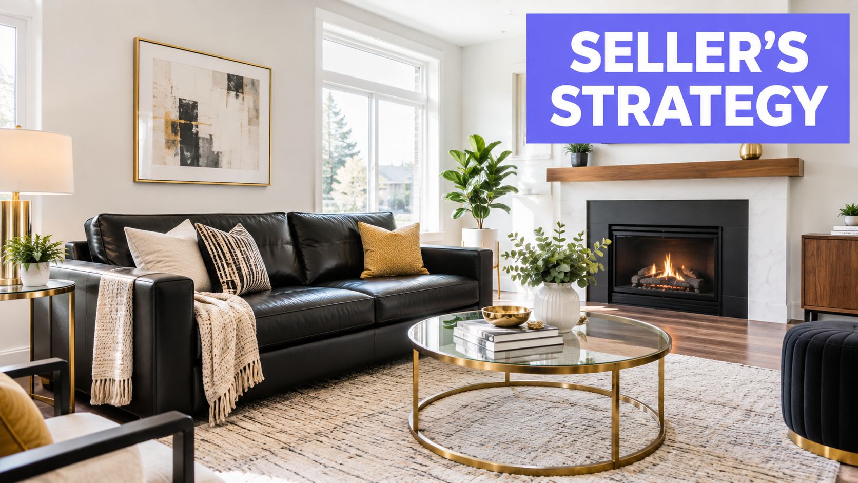 A modern living room featuring a black leather couch, gold-accented coffee table, and stylish fireplace decor.