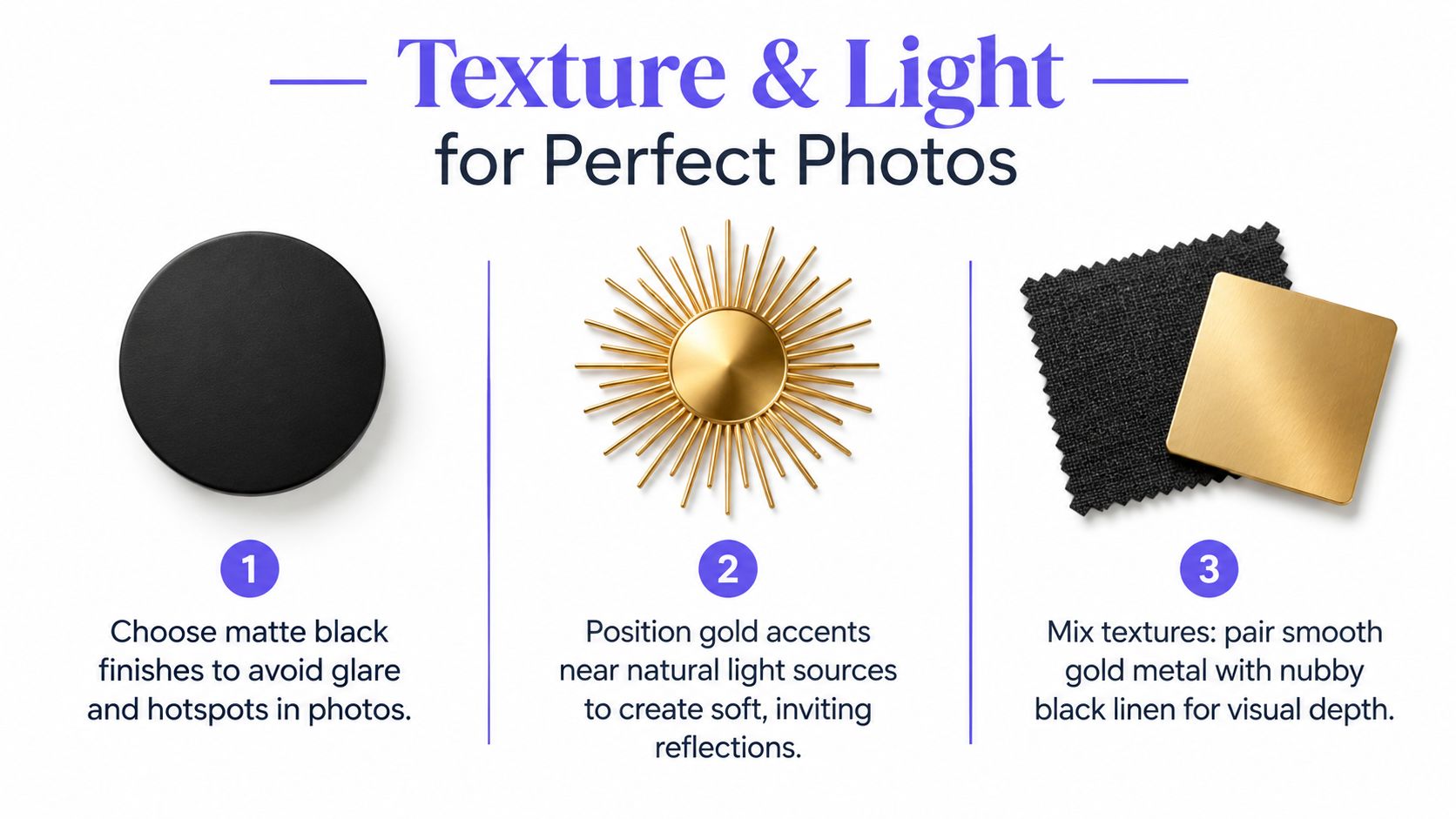 A graphic design tip showing how to use matte black, gold accents, and linen textures for photography.