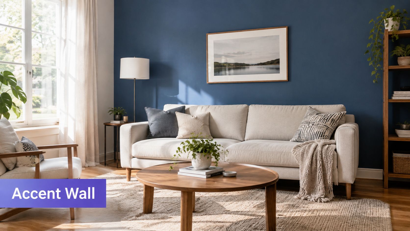 A modern living room with a beige sofa, wooden coffee table, and a dark blue accent wall.