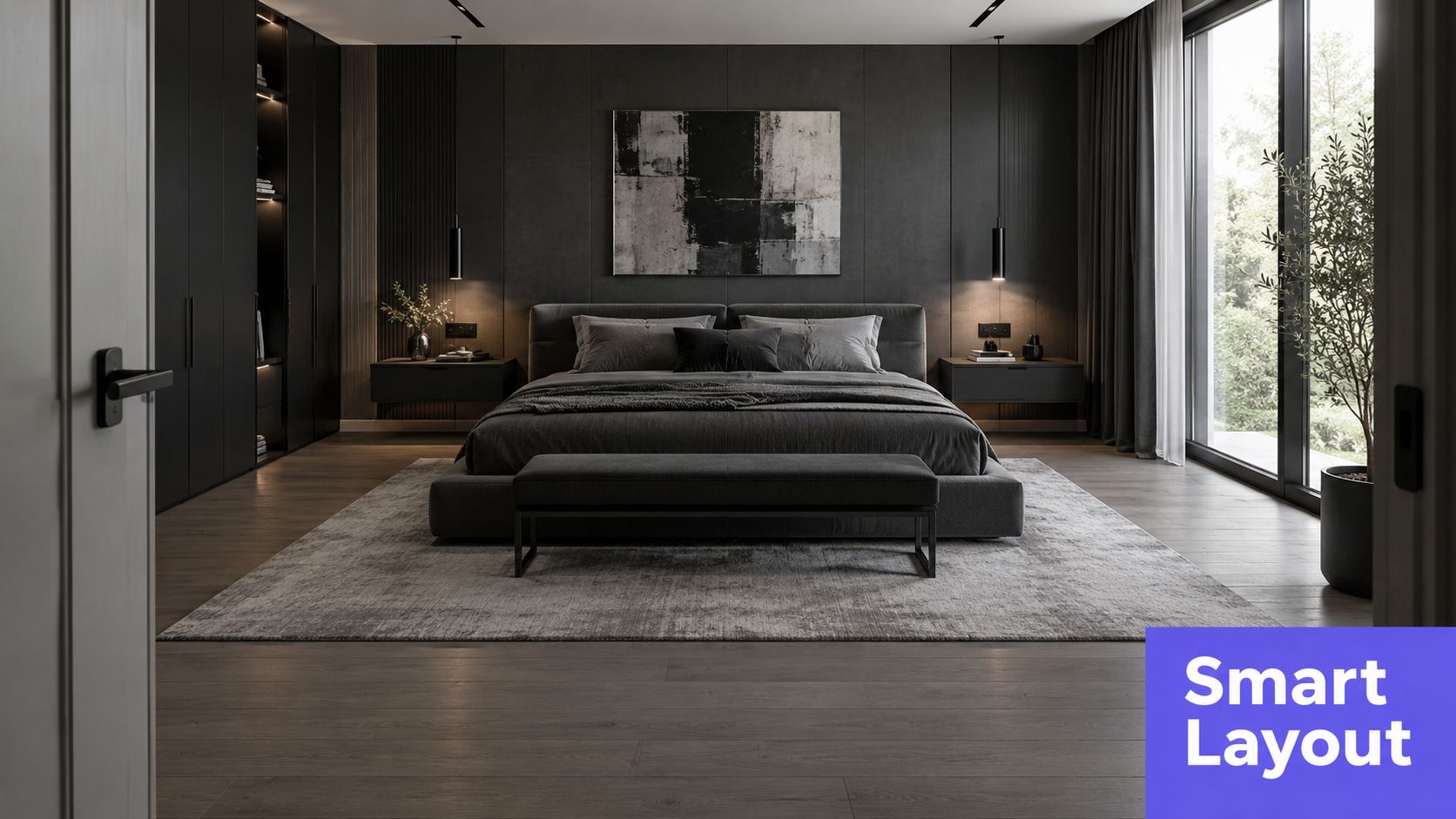 A modern luxury bedroom featuring a dark grey color scheme, platform bed, and minimalist interior design elements.