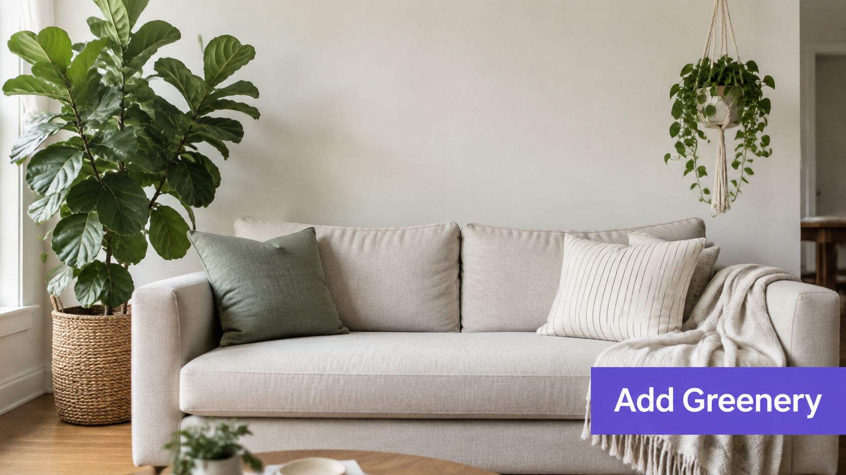 A cozy living room featuring a beige sofa decorated with pillows and lush green potted plants