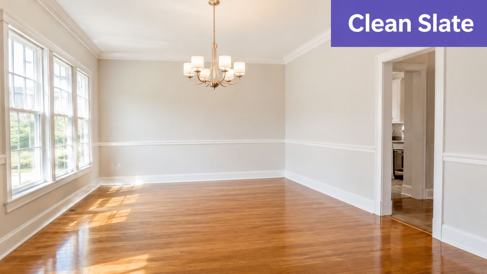 An empty dining room with hardwood floors, neutral walls, white crown molding, and a traditional chandelier.