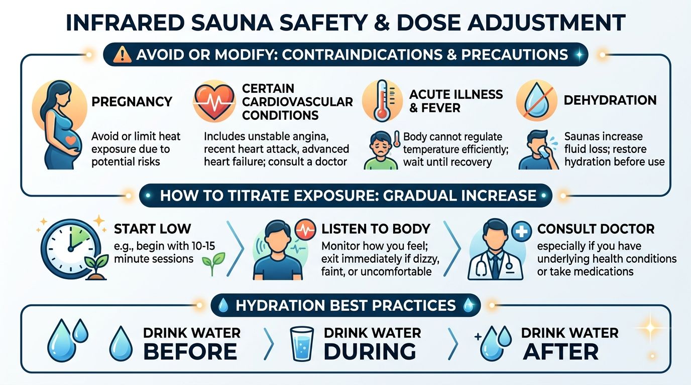 An infographic detailing safety precautions, gradual exposure tips, and hydration practices for using infrared saunas safely.