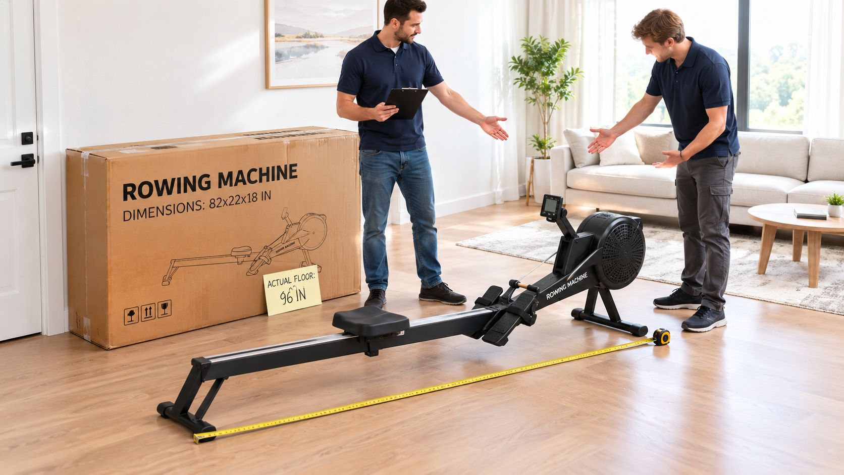 Two men standing in a living room next to a fully assembled rowing machine and its packaging.