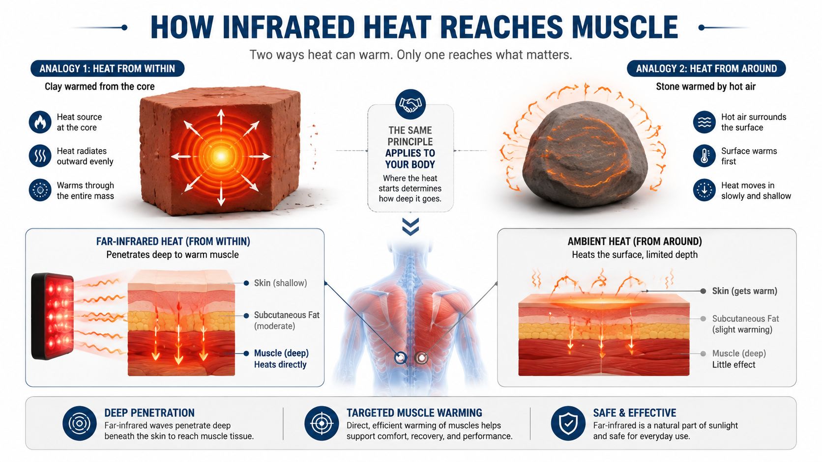A diagram comparing how far-infrared heat penetrates deep into muscle tissue versus ambient surface heat.