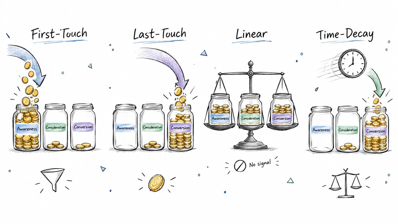 An illustration comparing four common marketing attribution models: First-Touch, Last-Touch, Linear, and Time-Decay, using coins and jars.