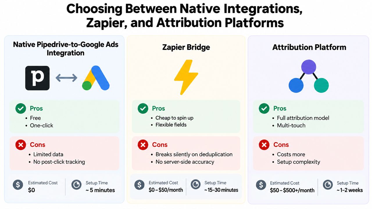 A comparison chart outlining the pros and cons of using native integrations, Zapier, or attribution platforms.