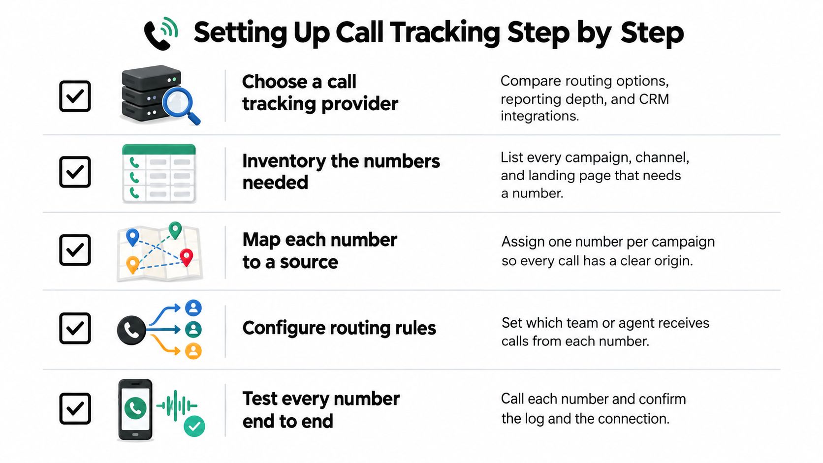 A step-by-step checklist infographic for setting up call tracking services for business marketing campaigns.