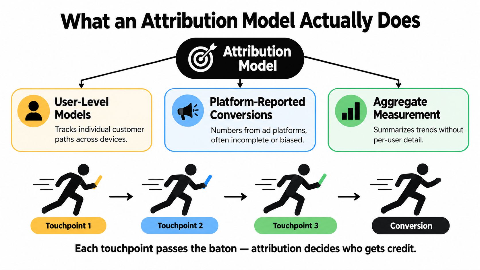 An infographic explaining how attribution models work using a relay race metaphor for customer touchpoints.