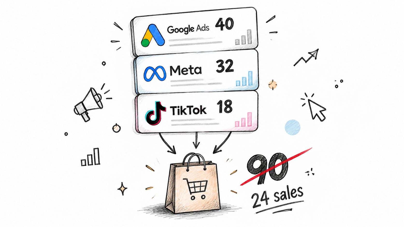 A hand-drawn illustration showing marketing funnel data from Google Ads, Meta, and TikTok leading to 24 final sales.