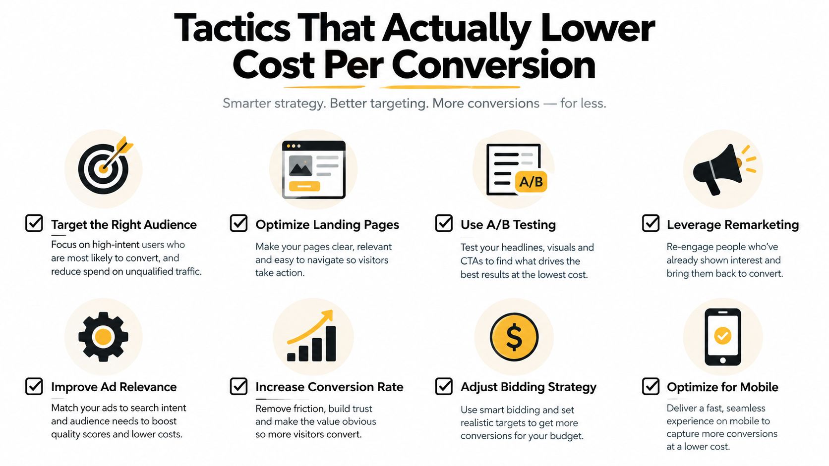 An infographic showing eight effective digital marketing strategies to successfully lower your cost per conversion.