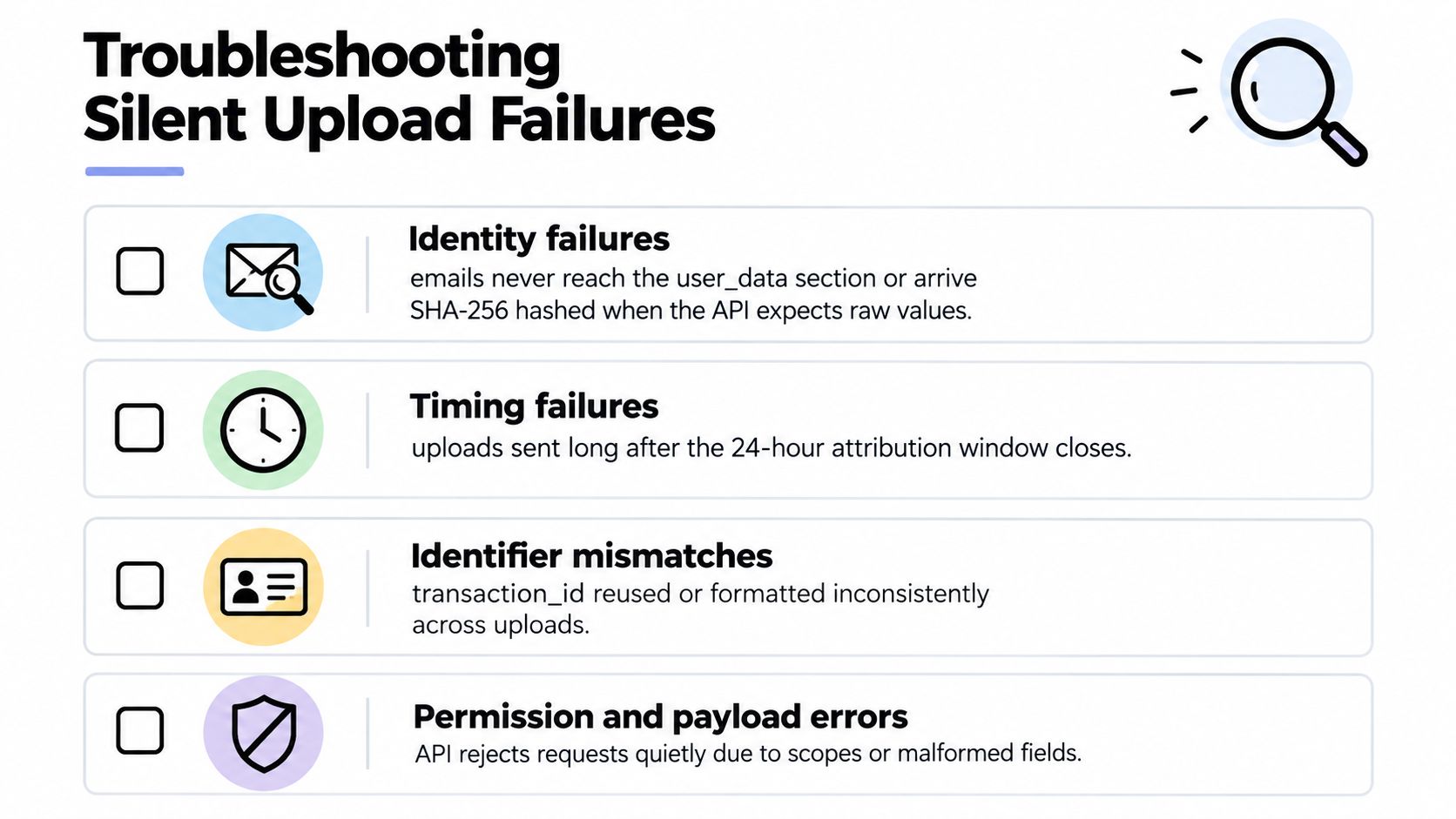 A checklist infographic titled Troubleshooting Silent Upload Failures highlighting identity, timing, identifier, and permission API error types.