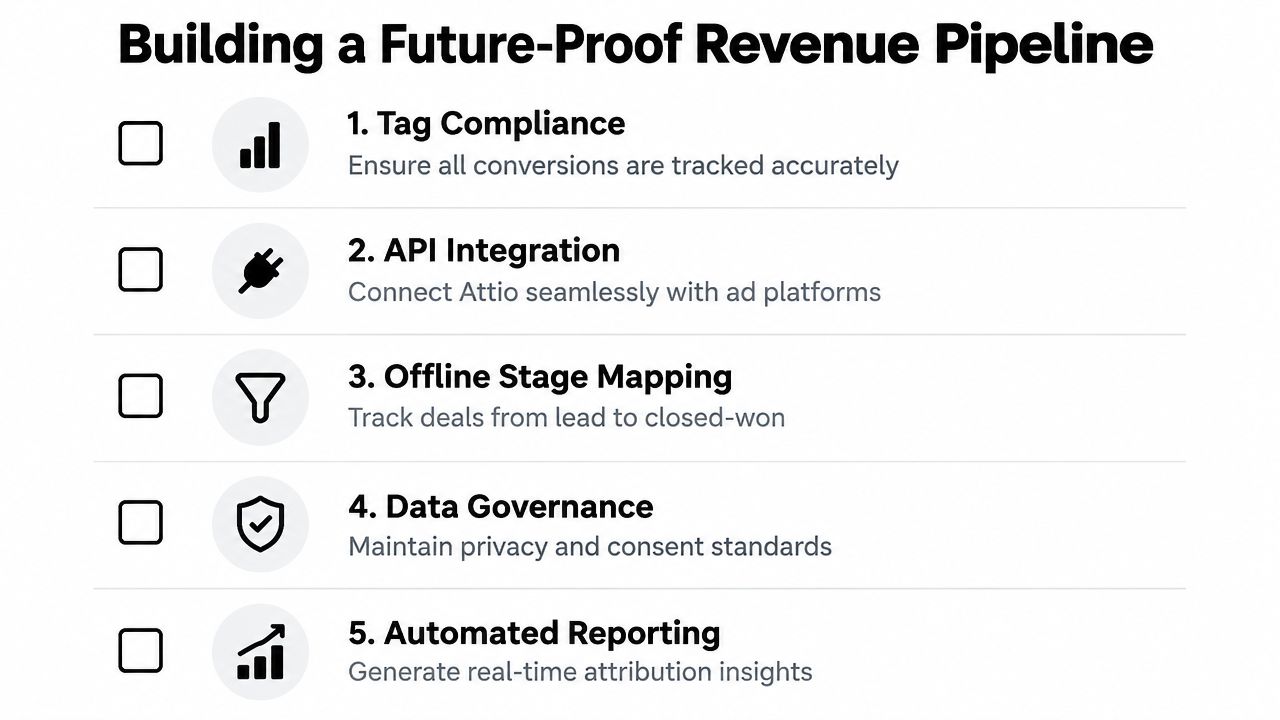 A five-step checklist for building a future-proof revenue pipeline, focusing on tracking, integration, and data governance.