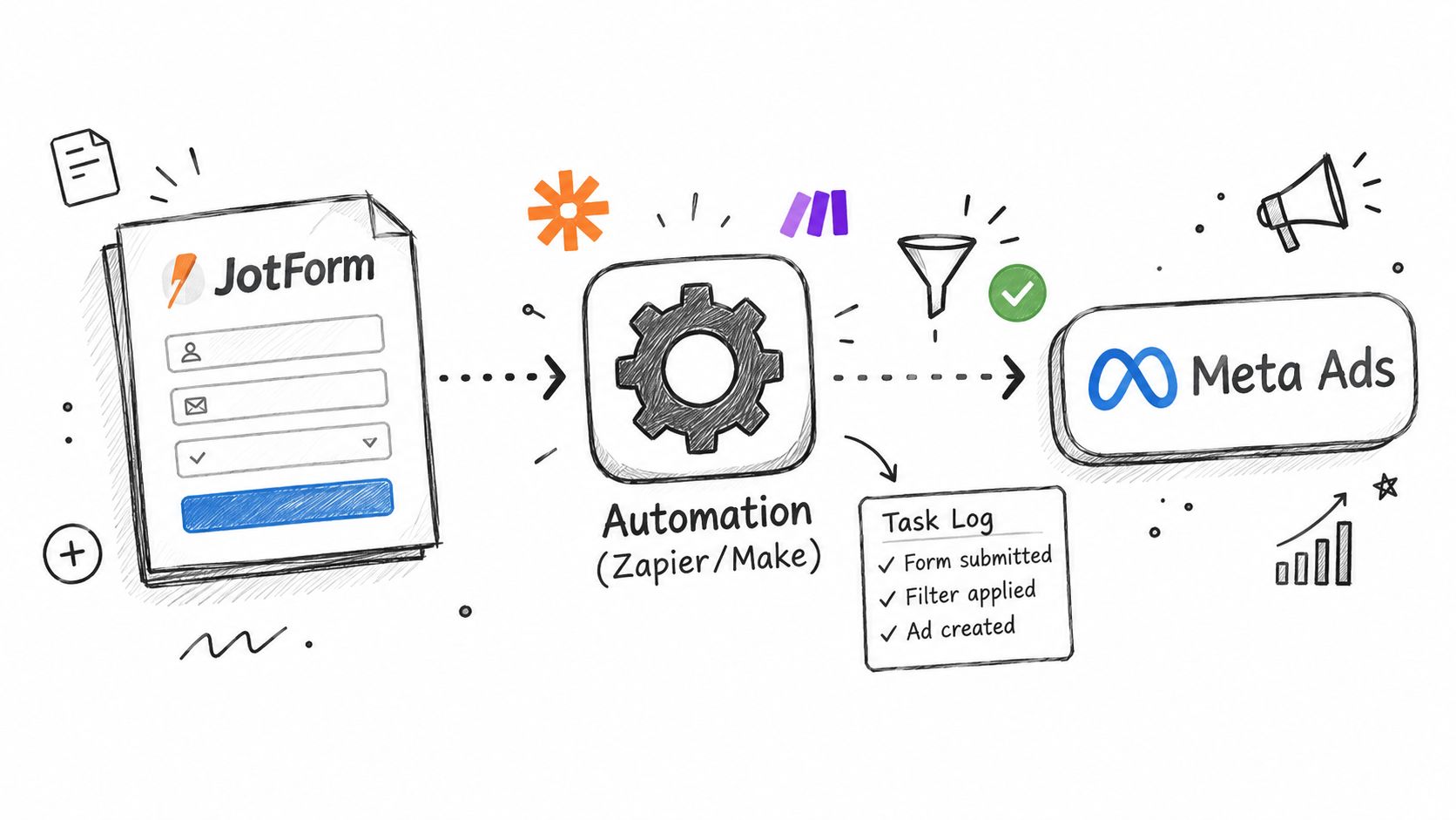 A hand-drawn illustration showing Jotform submissions being automated through Zapier or Make to create Meta Ads conversions.