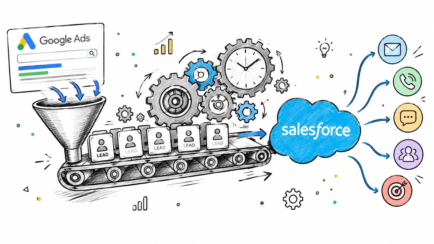 A hand-drawn illustration showing Google Ads leads passing through a funnel into Salesforce for customer engagement.