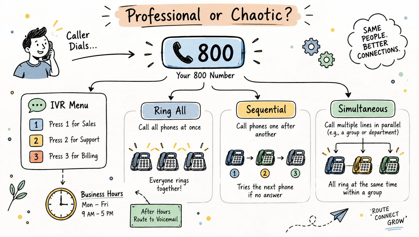 A visual guide illustrating how 800 phone numbers manage incoming calls using IVR menus and routing options.