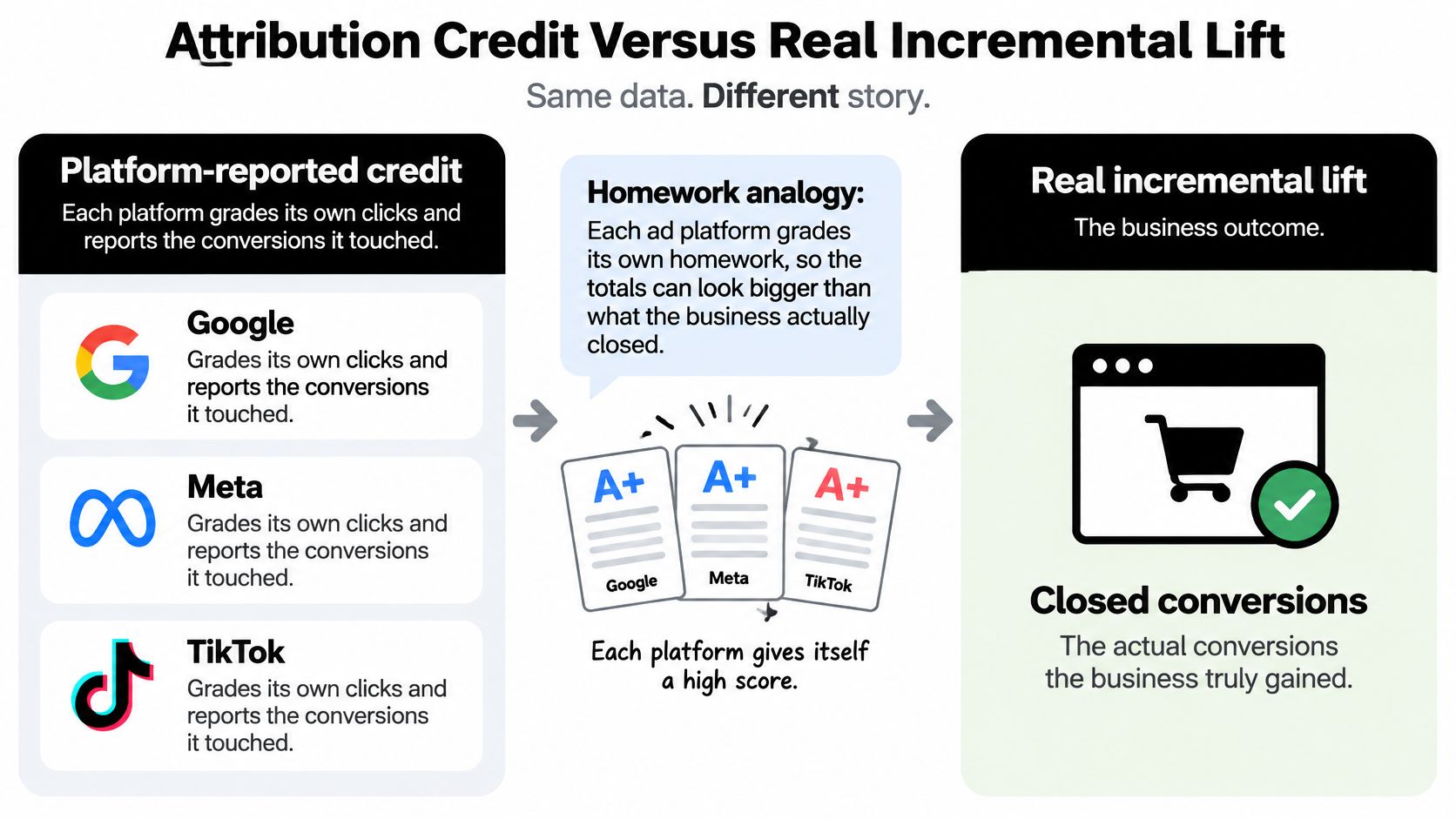 An infographic comparing platform-reported ad attribution credit versus the actual incremental lift for businesses.