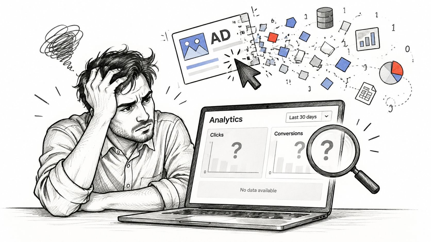 A frustrated marketer looking at an empty analytics dashboard on a laptop with missing ad data.