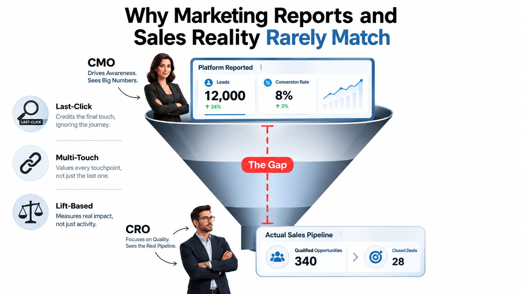 A marketing funnel infographic illustrating the gap between platform reported leads and actual sales pipeline conversion results.