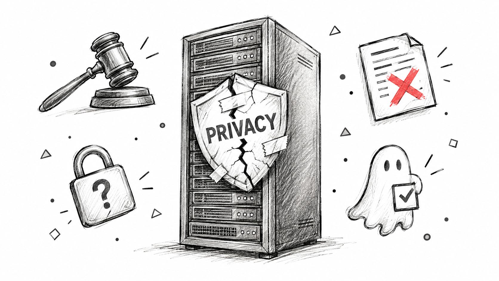 A hand-drawn sketch of a server rack with a cracked privacy shield, gavel, document, lock, and ghost icon.