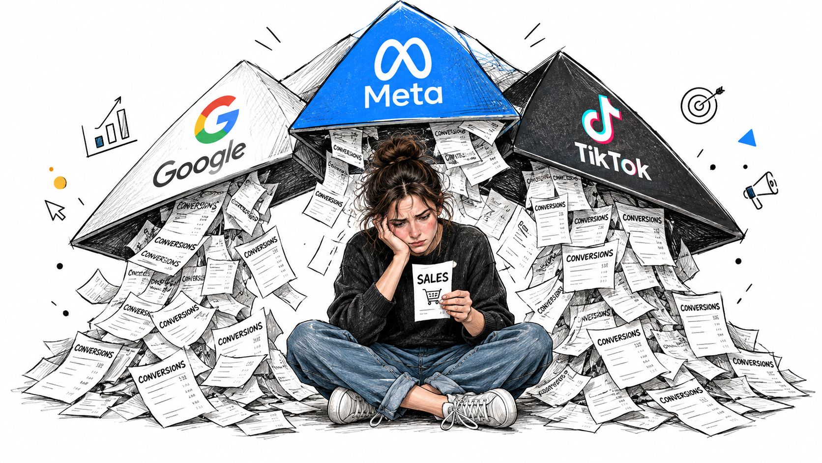 A person feeling overwhelmed by numerous paper reports labeled conversions from Google, Meta, and TikTok platforms.