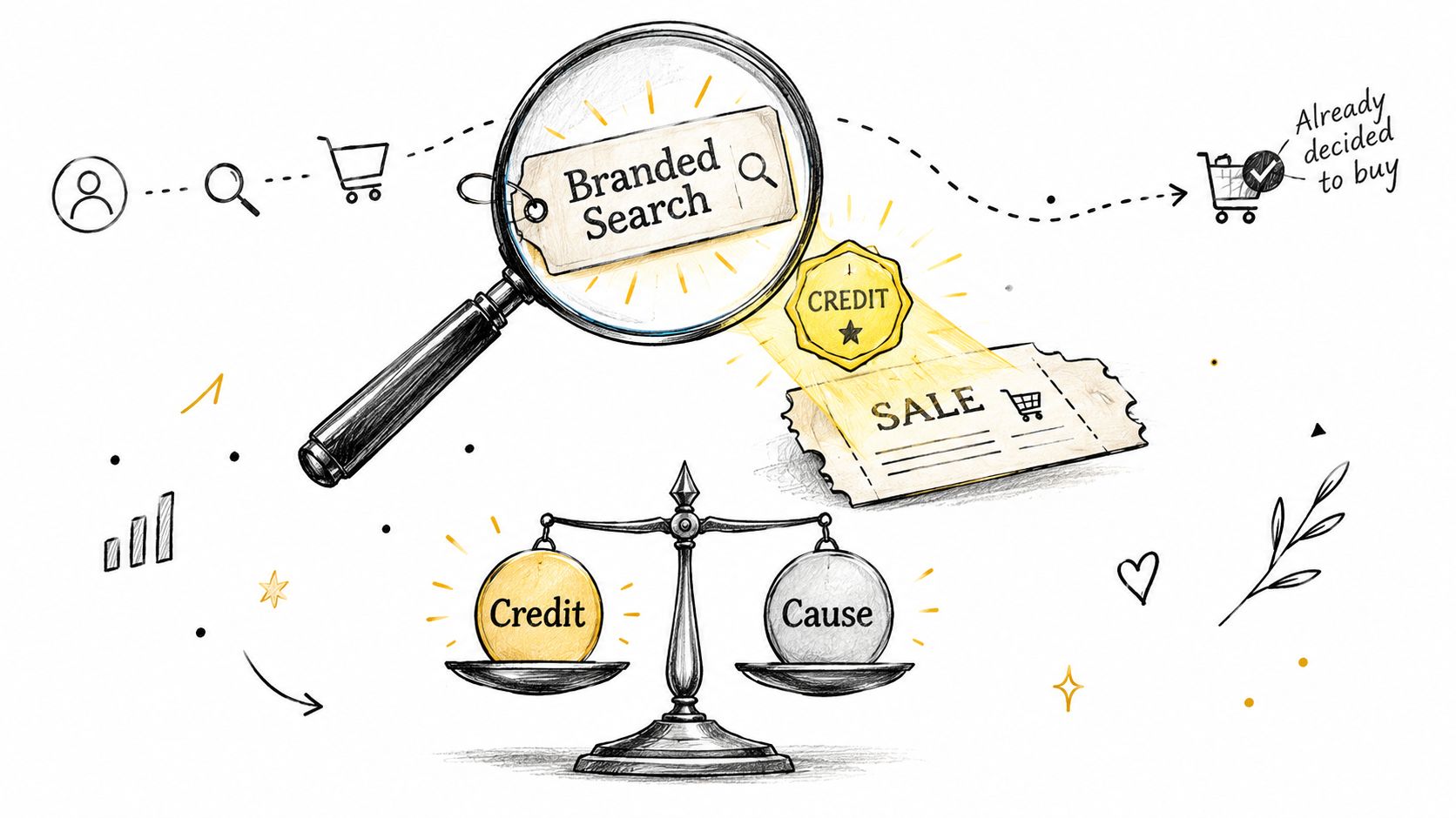 A conceptual illustration showing branded search, a magnifying glass, credit, cause, and the consumer purchase journey.