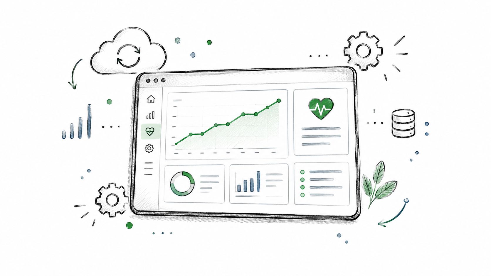 A hand-drawn illustration of a digital analytics dashboard on a screen, featuring charts, graphs, and monitoring icons.