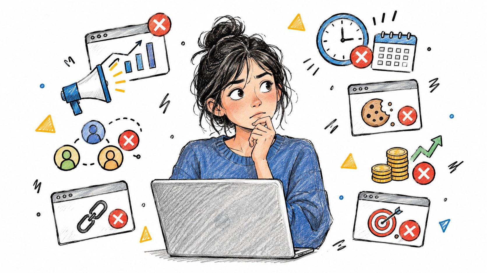 A pensive woman working on a laptop surrounded by digital marketing icons marked with red crosses.