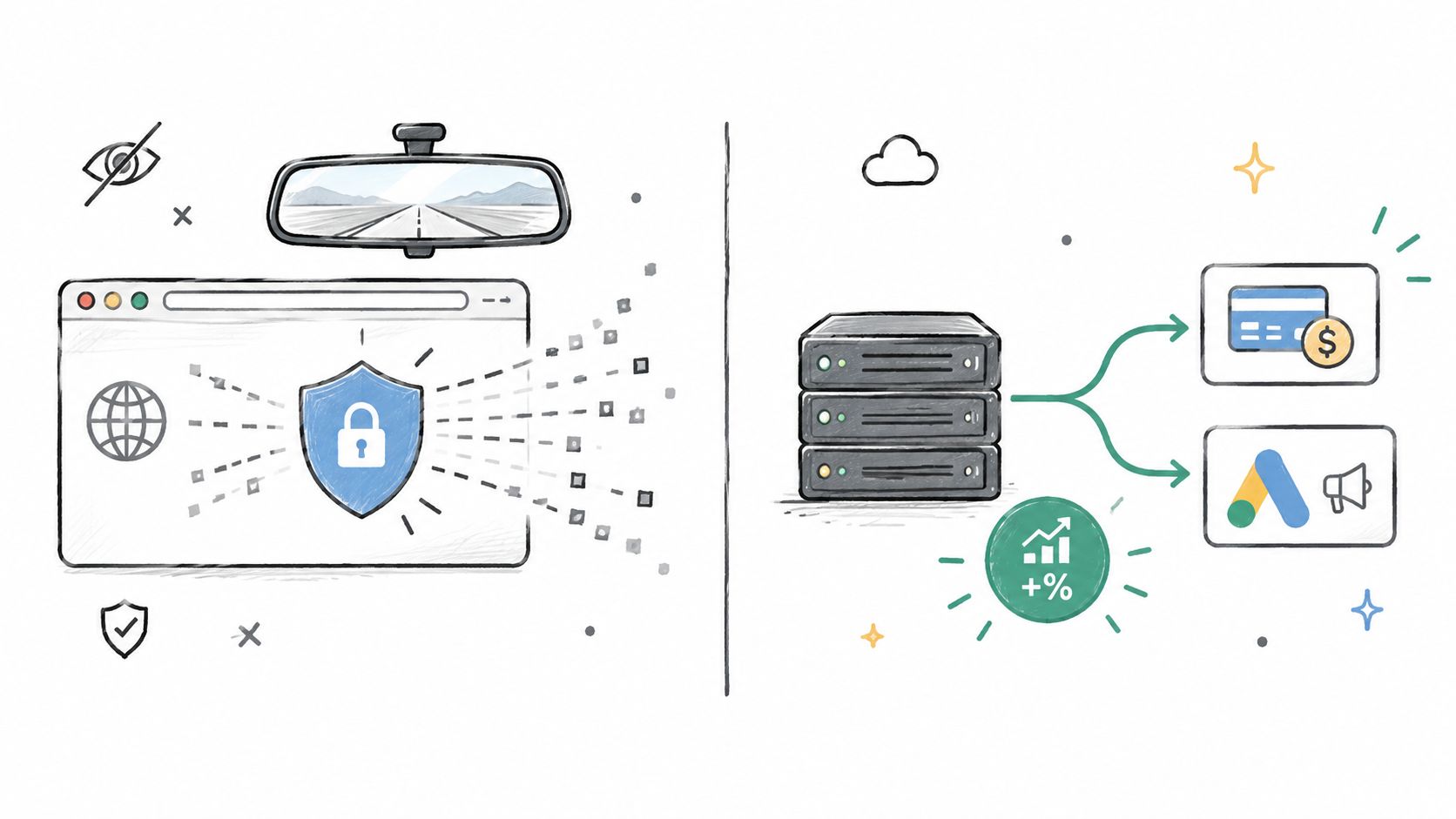 A digital illustration showing secure data processing transforming website traffic into financial gains and marketing conversions.