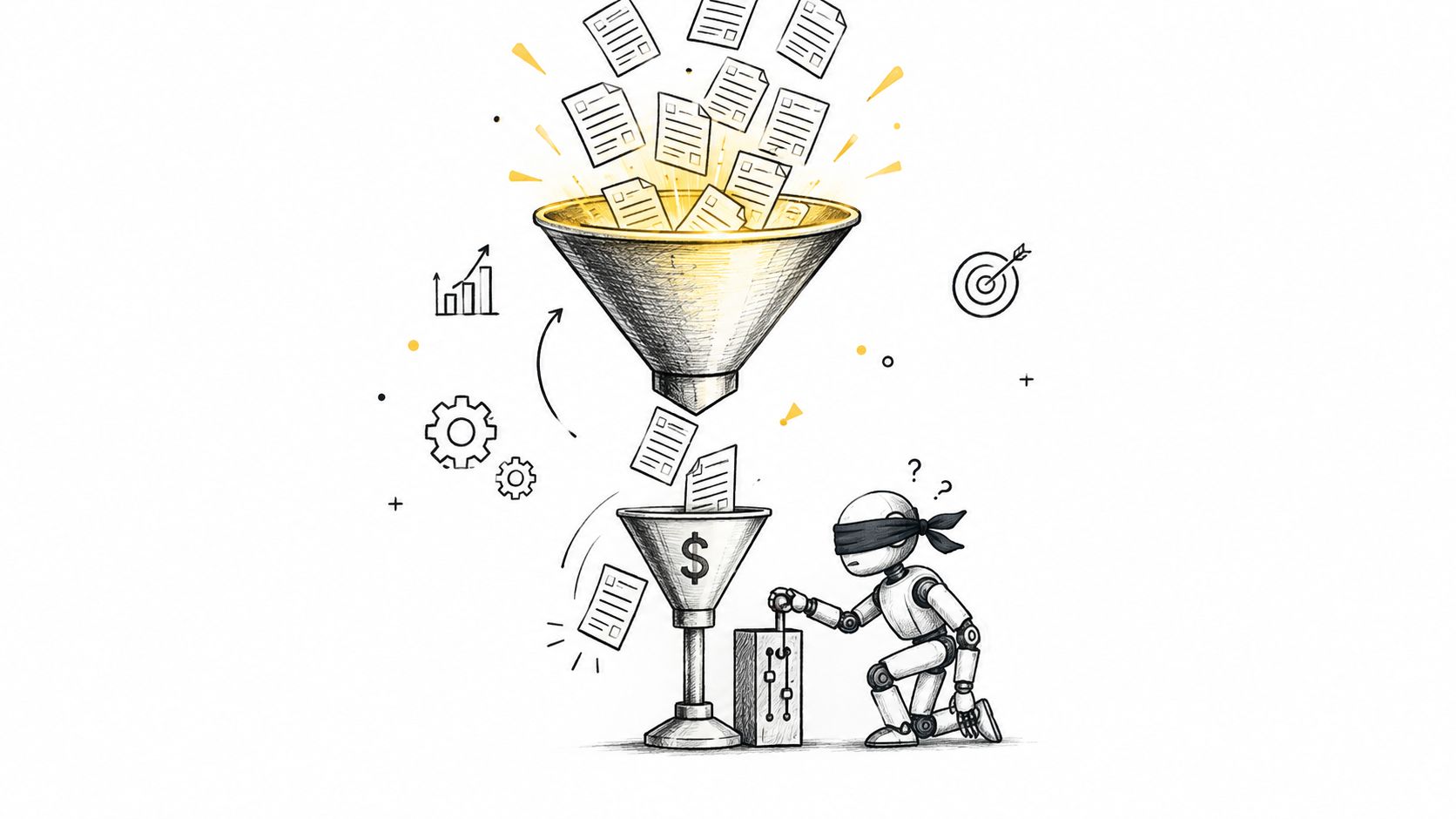A blindfolded robot interacting with a data funnel system processing documents into monetary value, illustration style.