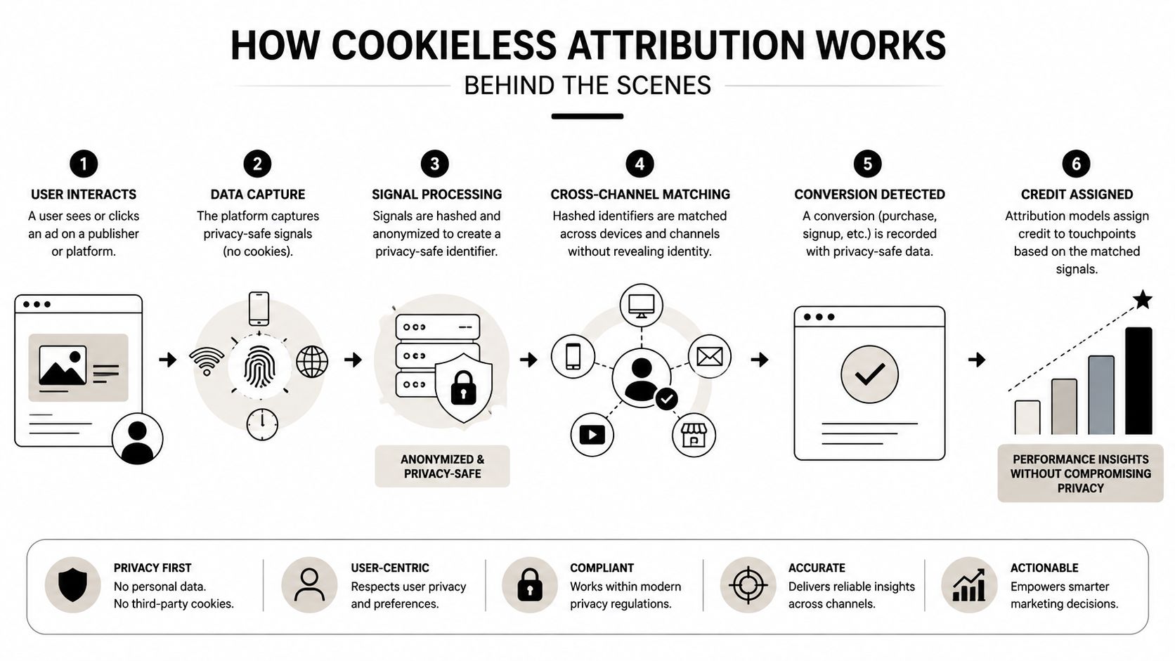 A six-step infographic illustrating the process of how cookieless attribution tracks user interactions while maintaining data privacy.
