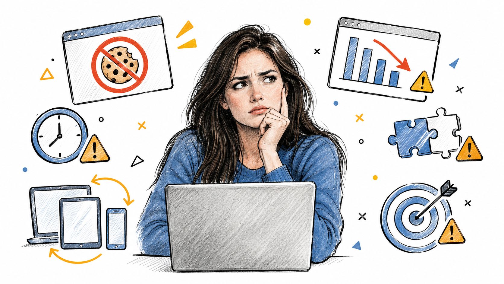 A pensive woman working on a laptop surrounded by digital marketing icons representing cookieless attribution challenges.