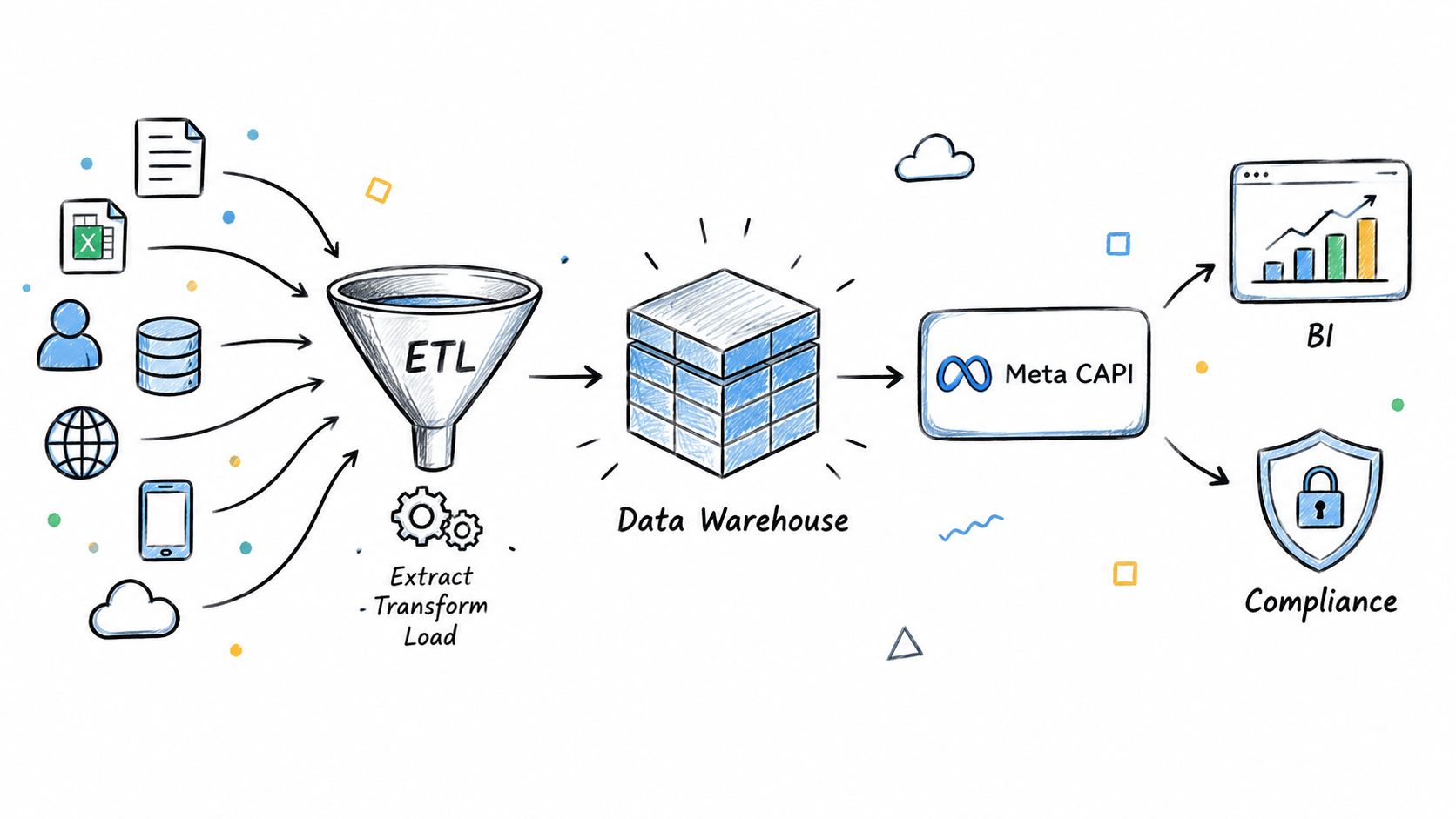 A diagram illustrating the ETL process, moving data from various sources into a warehouse and Meta CAPI.