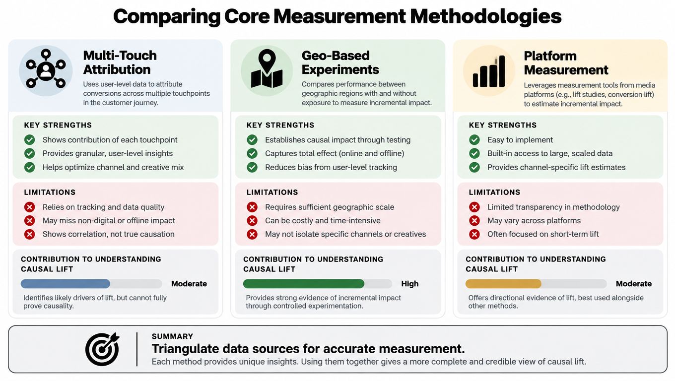 A comparison chart outlining Multi-Touch Attribution, Geo-Based Experiments, and Platform Measurement methodologies for tracking marketing effectiveness.