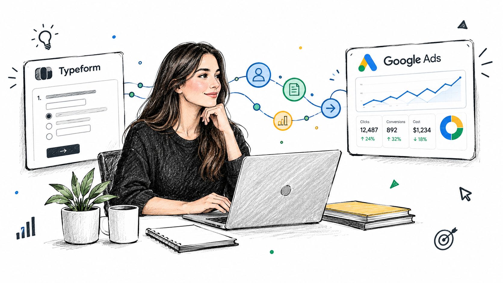 A woman working on a laptop, illustrating the integration between Typeform and Google Ads performance metrics.