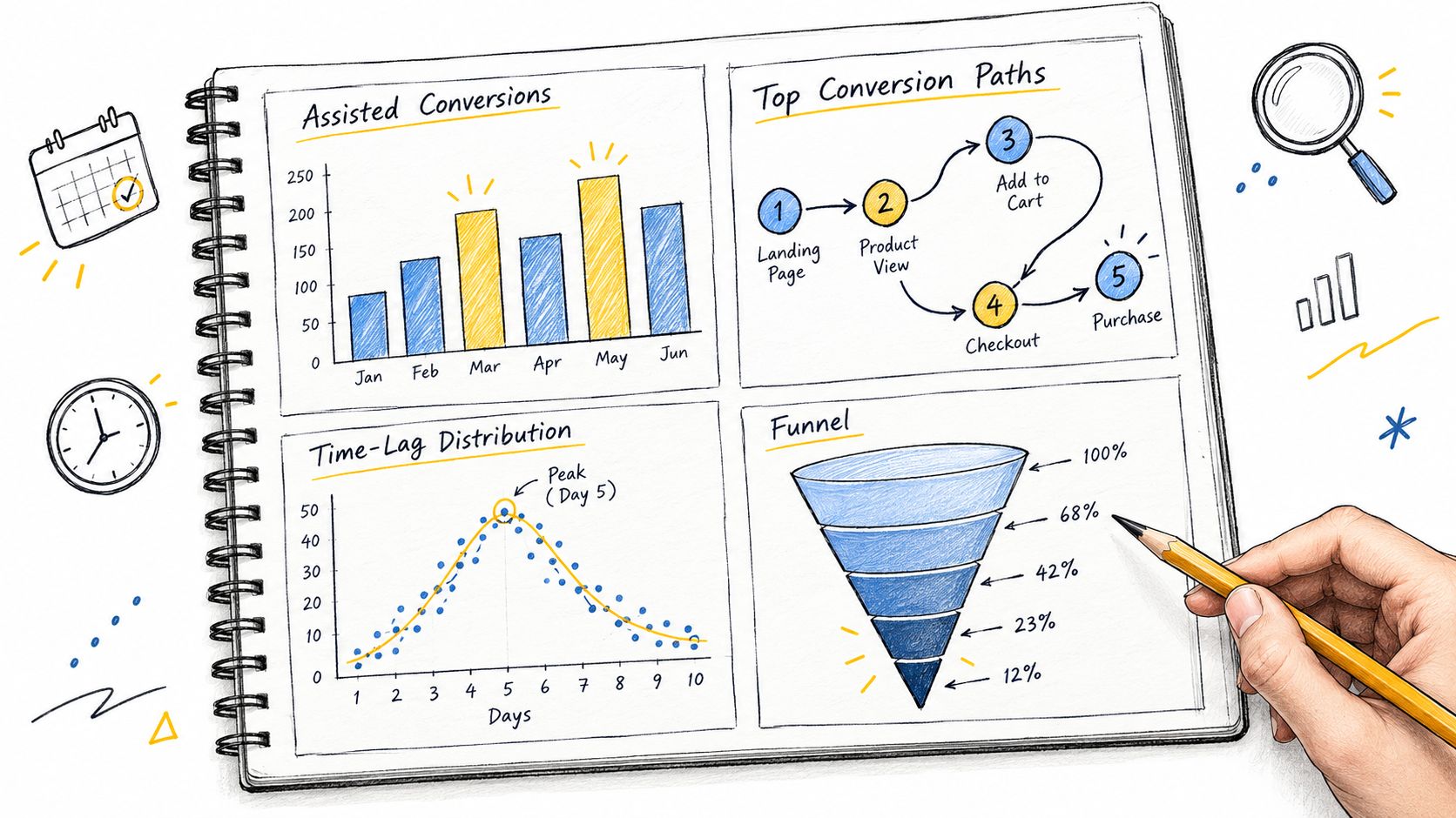 A hand-drawn notebook showing four data analytics charts including conversion paths, funnel analysis, and time-lag distribution.