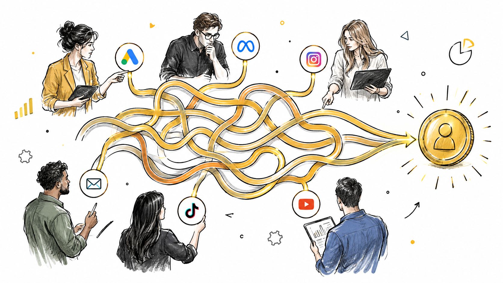 A conceptual illustration of a multi-channel attribution model showing marketing channels connected to a golden customer coin.