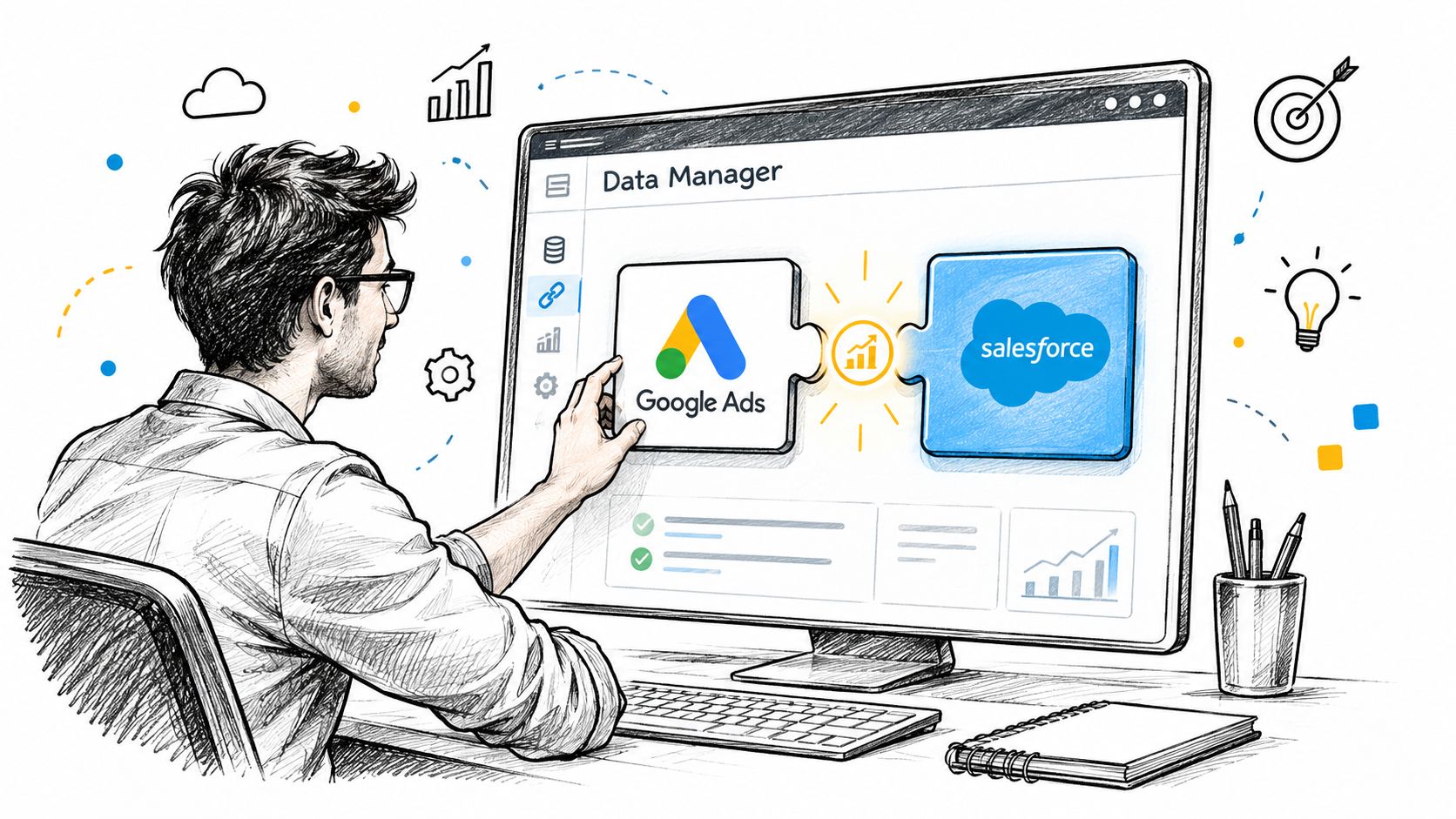 A professional connecting Google Ads and Salesforce on a computer screen for data management integration.
