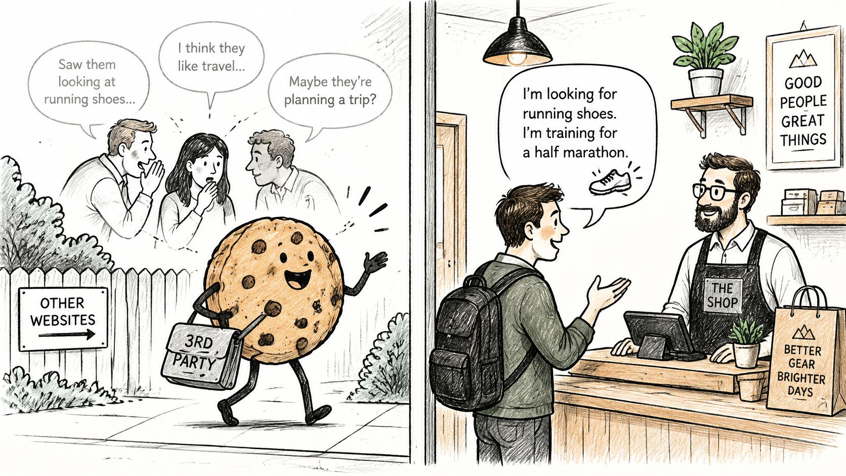 A cartoon illustration showing how a third-party cookie tracks user activity across websites for data collection.