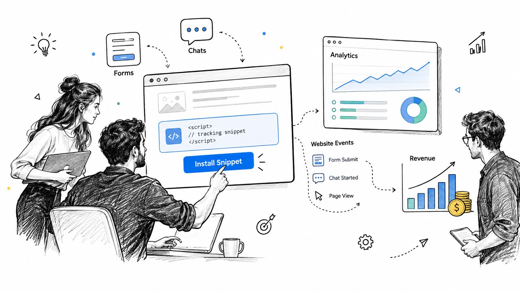 A team collaborating to set up website tracking and analytics to measure revenue attribution and business events.