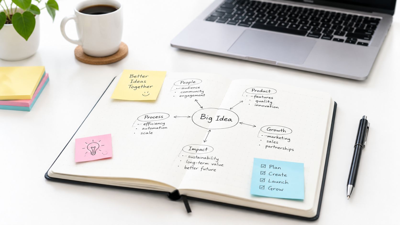 A top-down view of an open notebook on a desk featuring a creative brainstorming mind map.