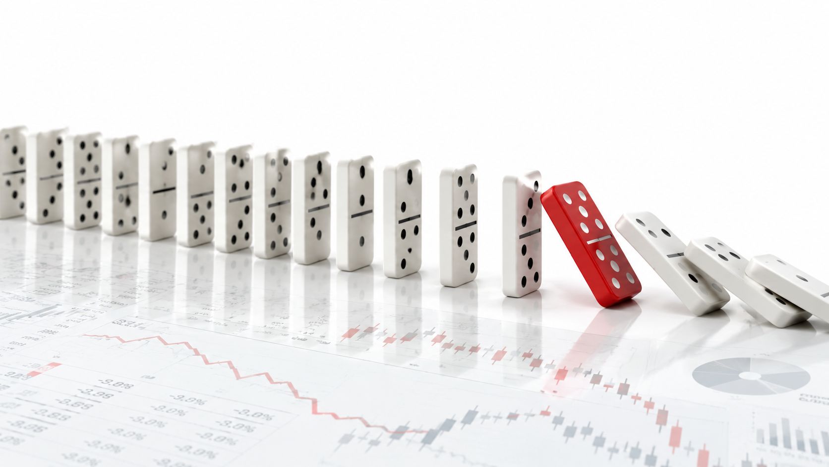 A row of white dominoes falling, with one red domino causing a chain reaction over financial charts.