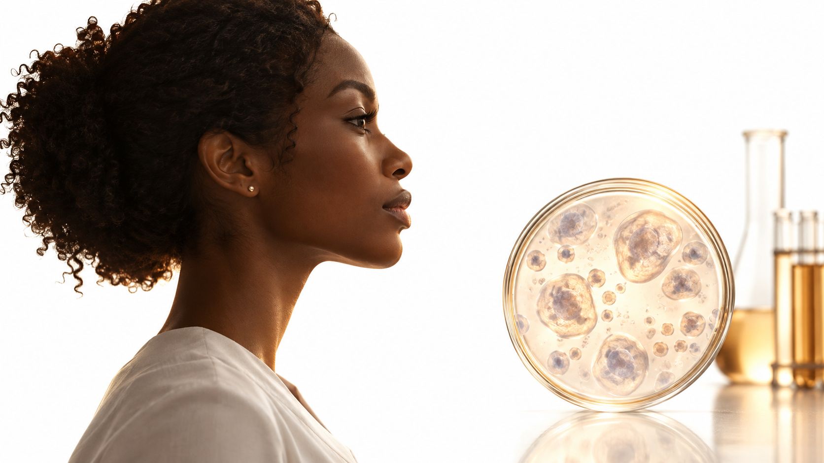 A woman scientist in a laboratory observing cells in a glass petri dish.